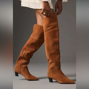 Intentionally Blank Deluca Over-The-Knee Boots Kitten Heel Cognac Brown Suede 5